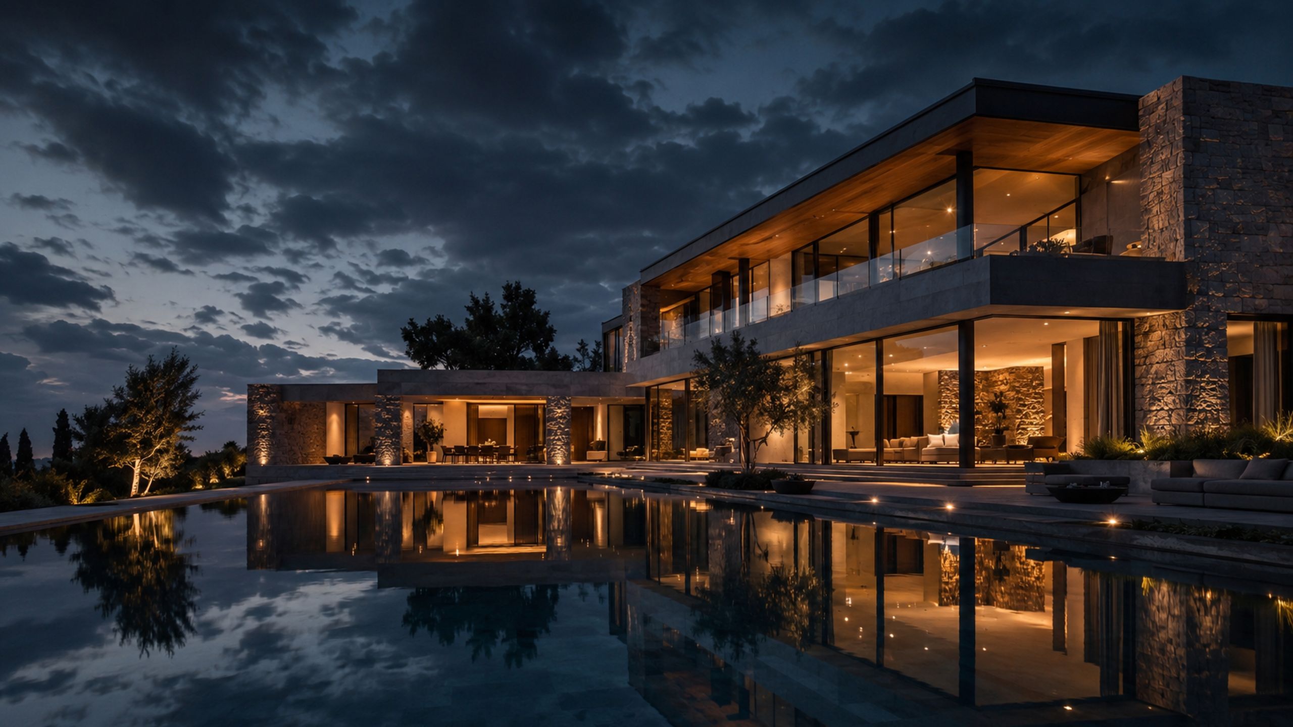 Modern luxury villa at dusk designed by Tri-Form